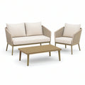Beżowo-kremowy zestaw wypoczynkowy z sofą 2-osobową, fotelem i stolikiem, sofa 132 x 75 x 78 cm