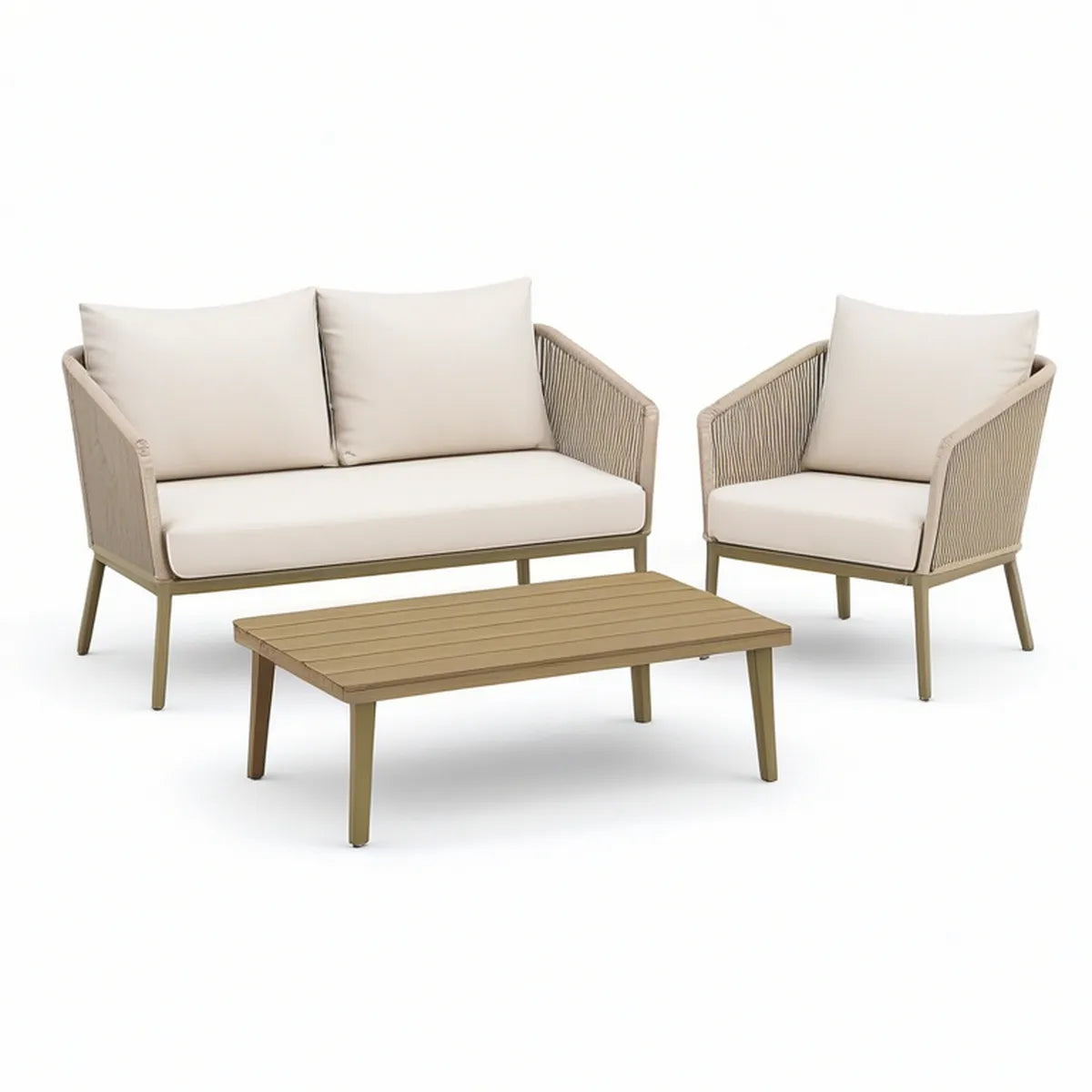 Beżowo-kremowy zestaw wypoczynkowy z sofą 2-osobową, fotelem i stolikiem, sofa 132 x 75 x 78 cm