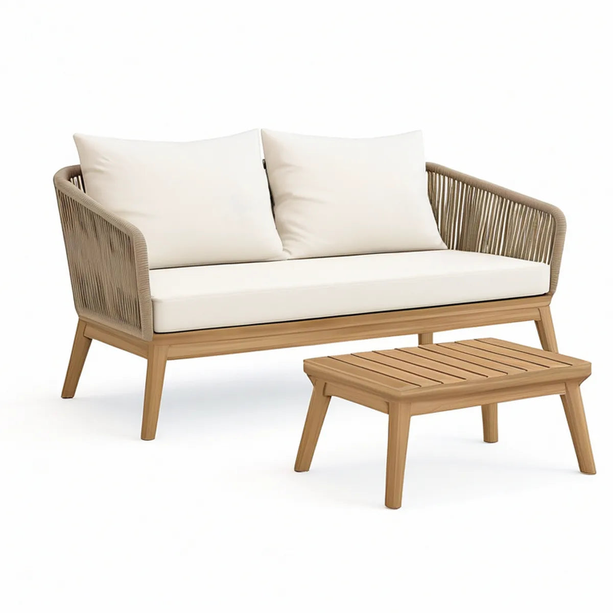 Zestaw ogrodowy z sofą 2-osobową i stolikiem, drewno akacjowe, beżowo-jasnobrązowy, sofa 140 × 75 × 75 cm