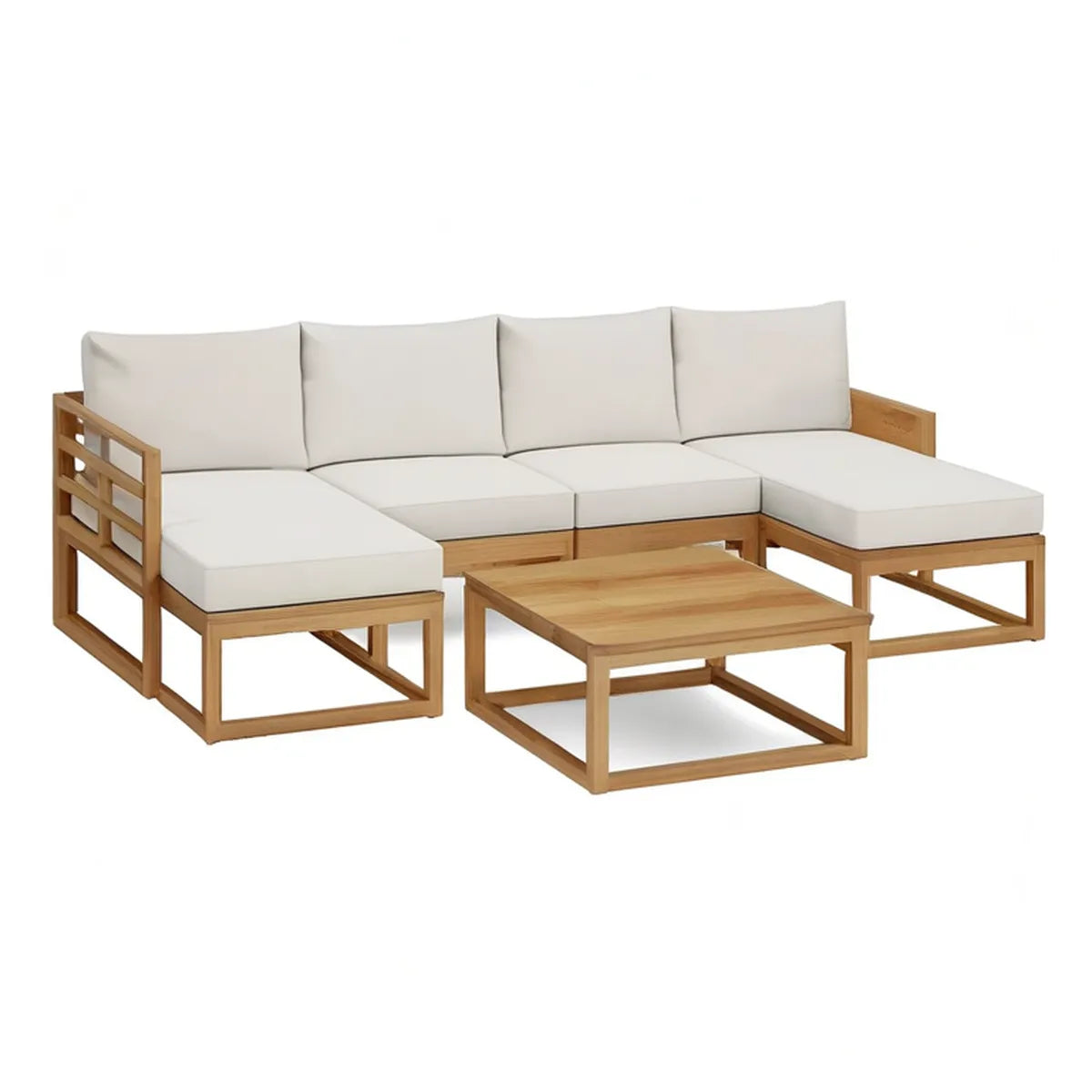 Narożna sofa ogrodowa ze stolikiem z litego drewna akacjowego 225 x 150 x 70 cm, naturalny brąz/kremowy