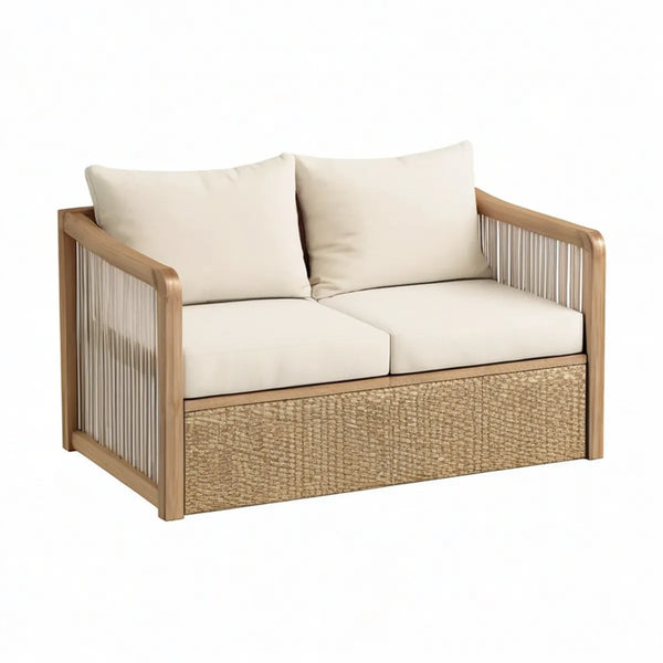 Dwuosobowa sofa ogrodowa z drewna akacjowego i plecionki, naturalna/beżowa/kremowa, 140 x 80 x 78 cm