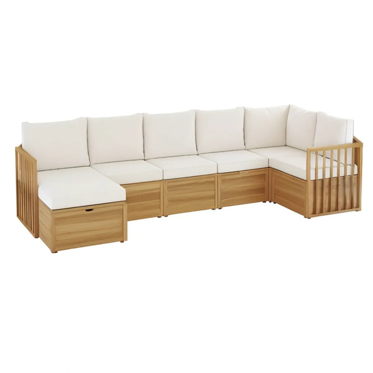 Modułowy narożnik ogrodowy 5-osobowy w kształcie L z drewna akacjowego, 280 × 210 × 70 cm, naturalny z kremowymi poduszkami