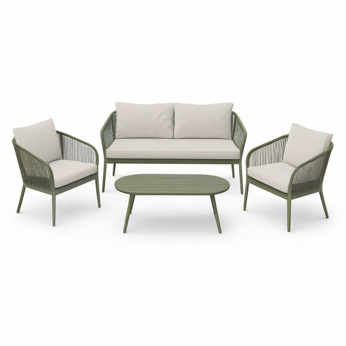 4-częściowy komplet ogrodowy z sofą, 2 fotelami i owalnym stolikiem, aluminium i sznur poliestrowy, oliwkowozielony/kremowy, sofa 126 x 70 x 78 cm