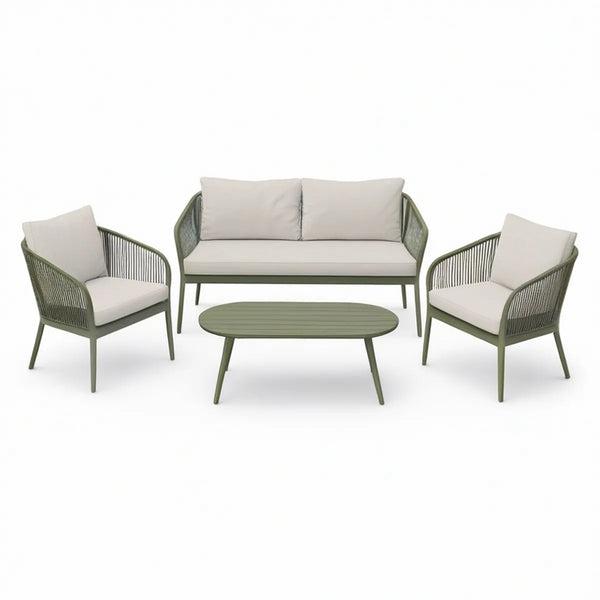 4-częściowy komplet ogrodowy z sofą, 2 fotelami i owalnym stolikiem, aluminium i sznur poliestrowy, oliwkowozielony/kremowy, sofa 126 x 70 x 78 cm