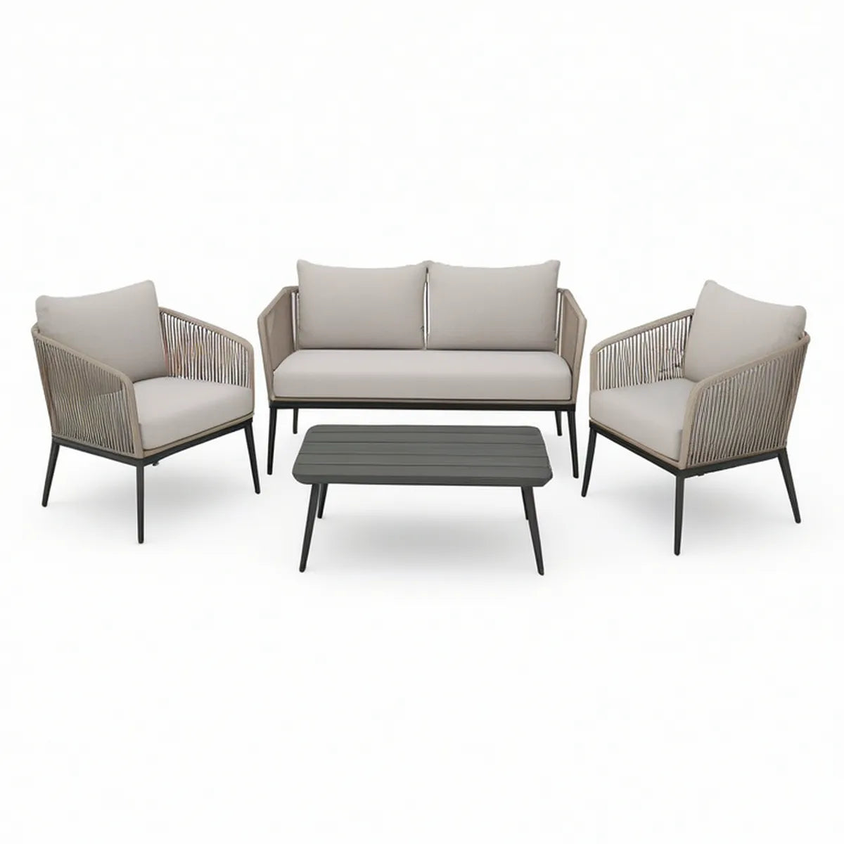 Zestaw mebli ogrodowych: sofa 130 × 75 × 76 cm, 2 fotele 70 × 75 × 76 cm, stolik 100 × 55 × 42 cm, czarny/beżowy/jasnoszary