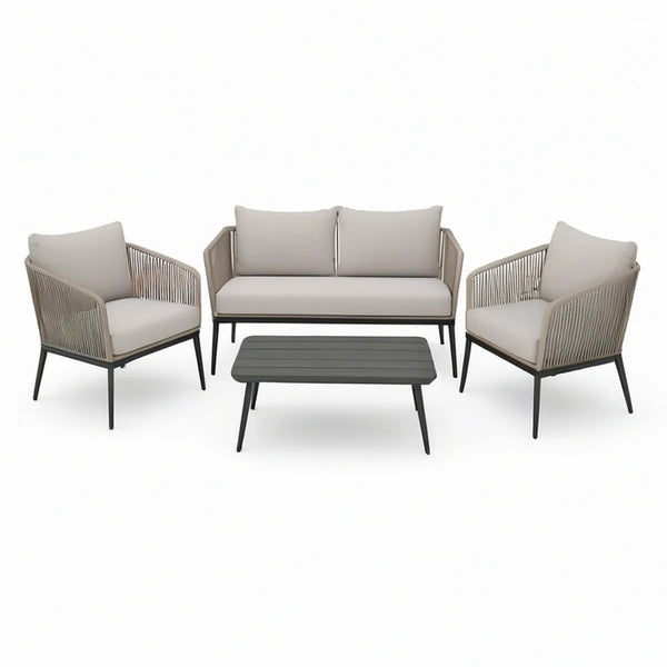 Zestaw mebli ogrodowych: sofa 130 × 75 × 76 cm, 2 fotele 70 × 75 × 76 cm, stolik 100 × 55 × 42 cm, czarny/beżowy/jasnoszary
