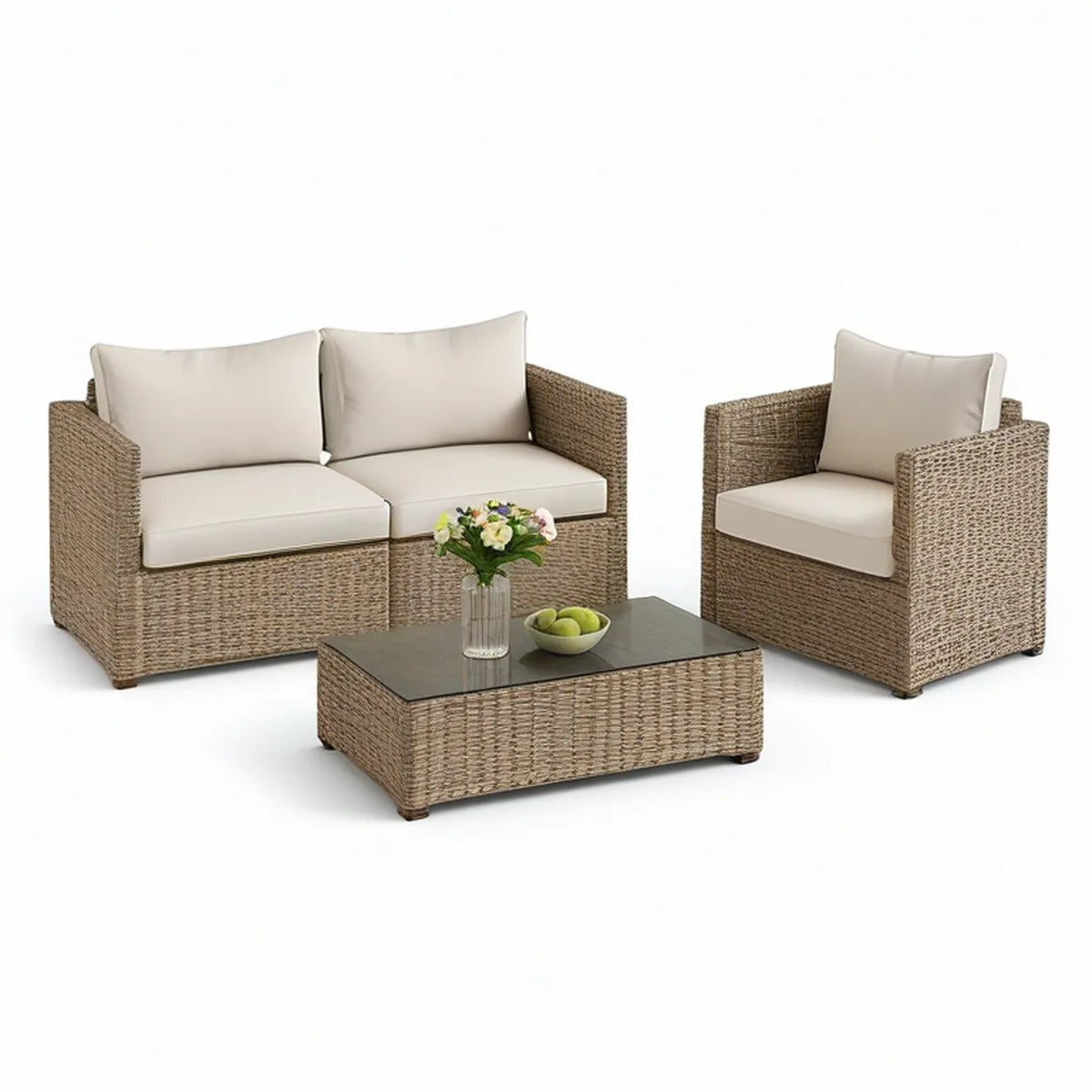 Beżowy zestaw wypoczynkowy z technorattanu z kremowymi poduszkami i czarnym szklanym blatem, sofa 132 × 72 × 78 cm