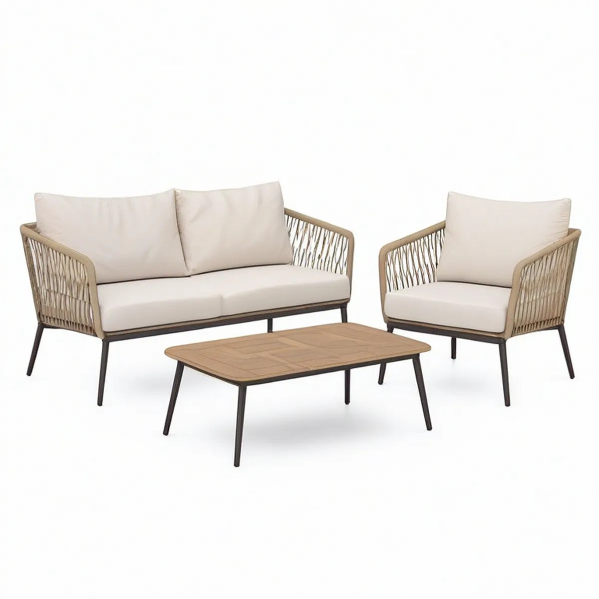 3-elementowy komplet wypoczynkowy z aluminium i plecionej liny, beżowy/jasnobrązowy/czarny, sofa 130 × 75 × 78 cm, stolik 100 × 60 × 45 cm