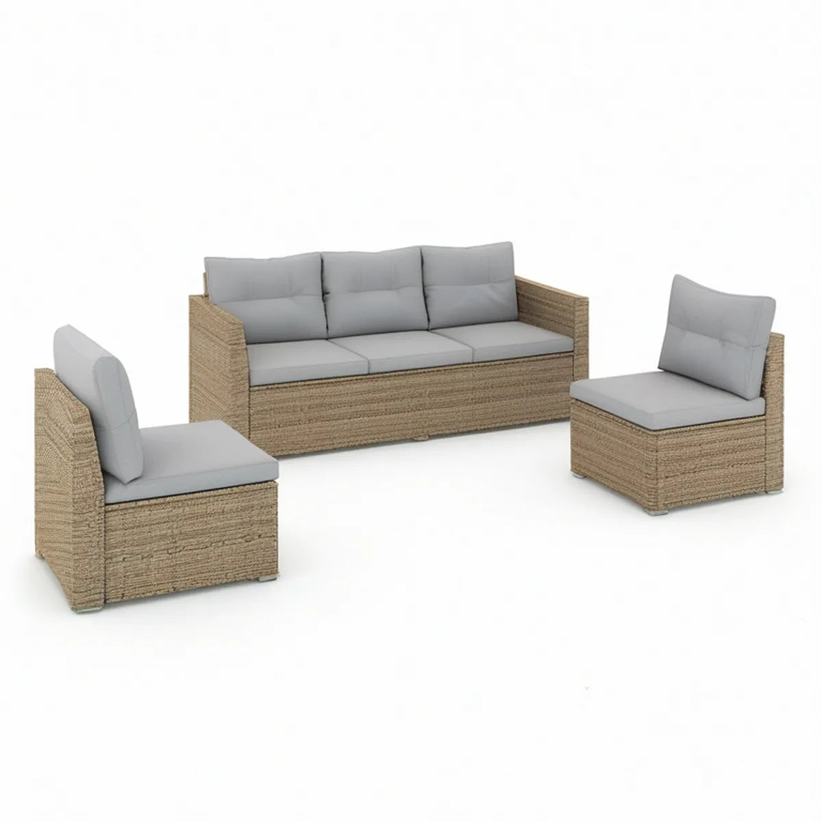 Zestaw wypoczynkowy z technorattanu: sofa 3-osobowa i 2 fotele, beżowo-szary, sofa 180 x 58 x 58 cm