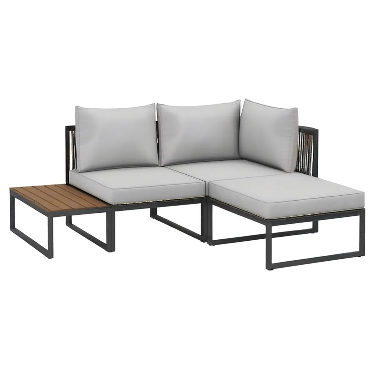 3-częściowa narożna sofa ogrodowa ze stolikiem 210 x 140 x 65 cm Jasnoszary/Czarny/Brązowy