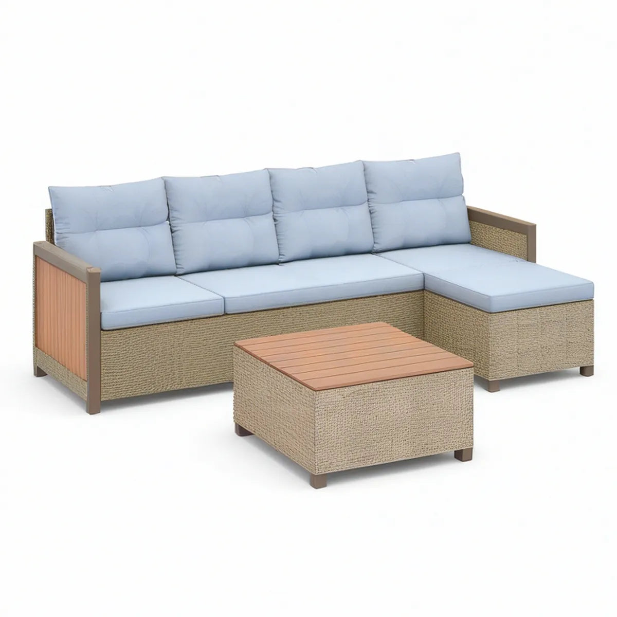 Narożny zestaw wypoczynkowy z szezlongiem i stolikiem 220 x 150 x 85 cm, rattan PE i aluminium, jasnoniebiesko-beżowy