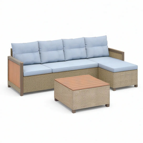Narożny zestaw wypoczynkowy z szezlongiem i stolikiem 220 x 150 x 85 cm, rattan PE i aluminium, jasnoniebiesko-beżowy