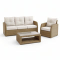 Beżowo-kremowy zestaw wypoczynkowy z technorattanu PE – sofa 195 × 80 × 85 cm, fotel i stolik 110 × 60 × 45 cm