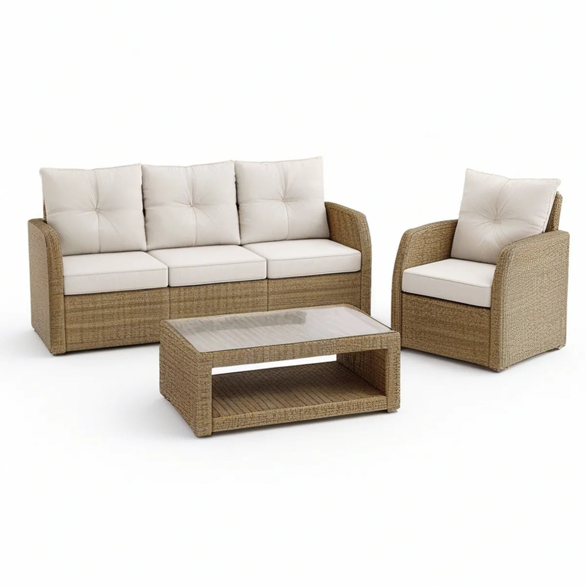 Beżowo-kremowy zestaw wypoczynkowy z technorattanu PE – sofa 195 × 80 × 85 cm, fotel i stolik 110 × 60 × 45 cm