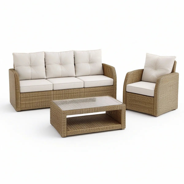 Beżowo-kremowy zestaw wypoczynkowy z technorattanu PE – sofa 195 × 80 × 85 cm, fotel i stolik 110 × 60 × 45 cm
