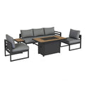 Aluminiowy zestaw wypoczynkowy z sofą 3-osobową, 2 fotelami i stołem paleniskowym, czarno-szaro-brązowy, sofa 204 x 76 x 75 cm