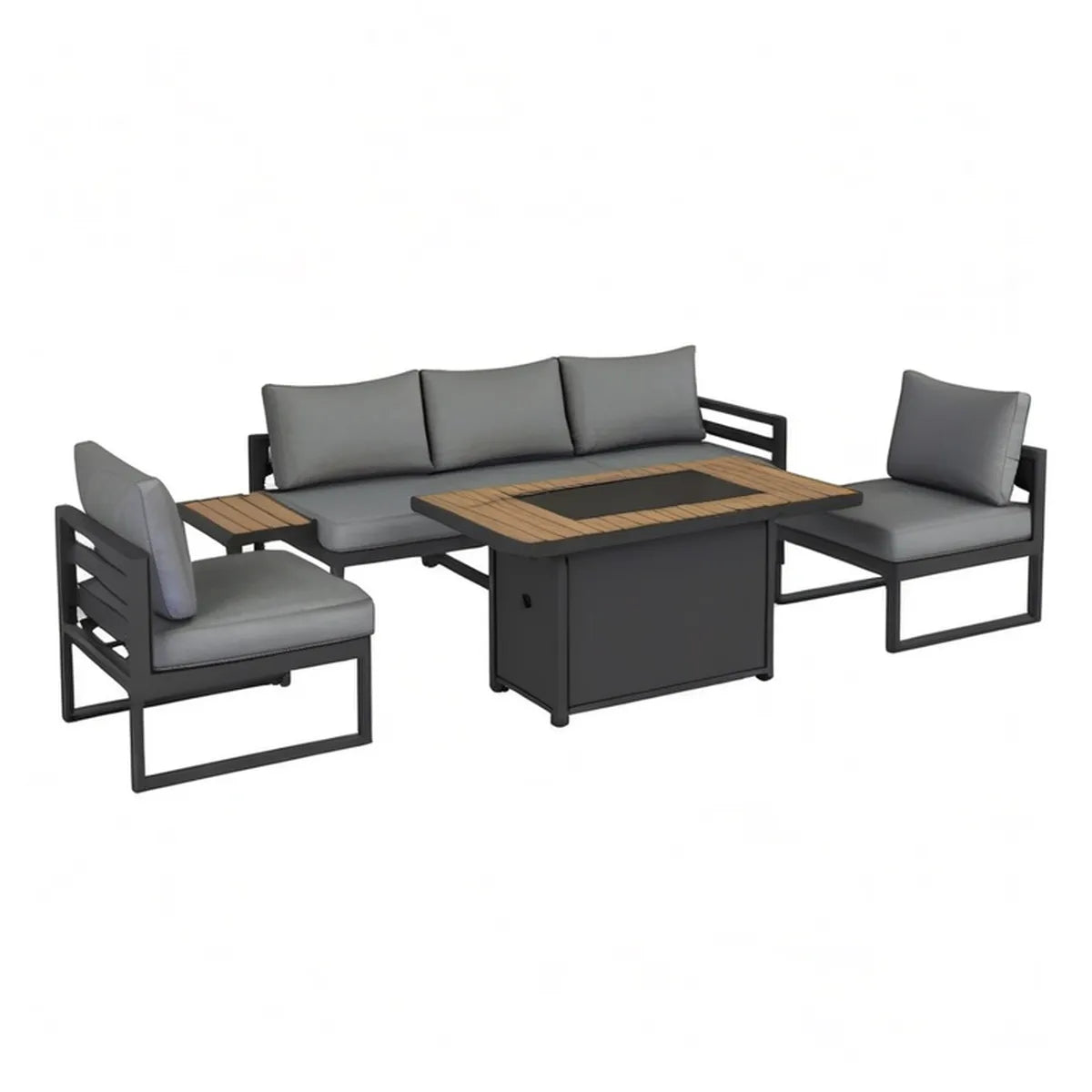 Aluminiowy zestaw wypoczynkowy z sofą 3-osobową, 2 fotelami i stołem paleniskowym, czarno-szaro-brązowy, sofa 204 x 76 x 75 cm
