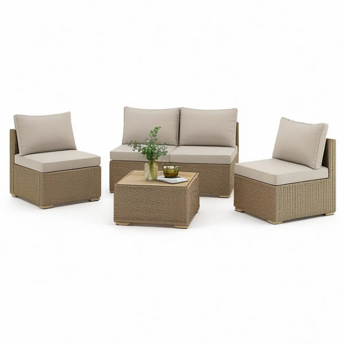 Beżowy zestaw wypoczynkowy z rattanu PE, sofa 128 × 68 × 78 cm, 2 fotele i stolik 80 × 50 × 40 cm